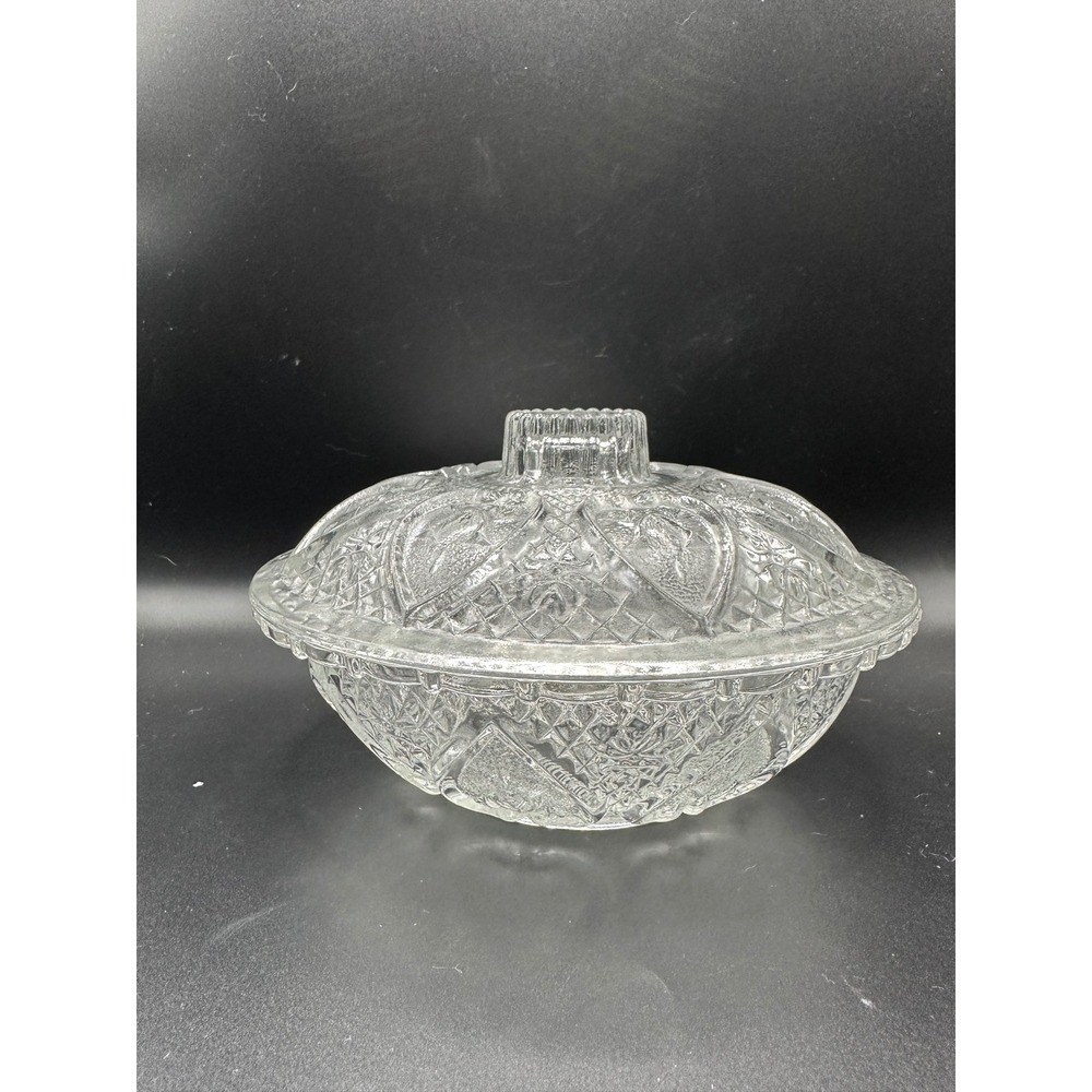 Vintage Pressed Clear Glass Candy Dish Lid Heart Diamond Pattern Round 6.5in